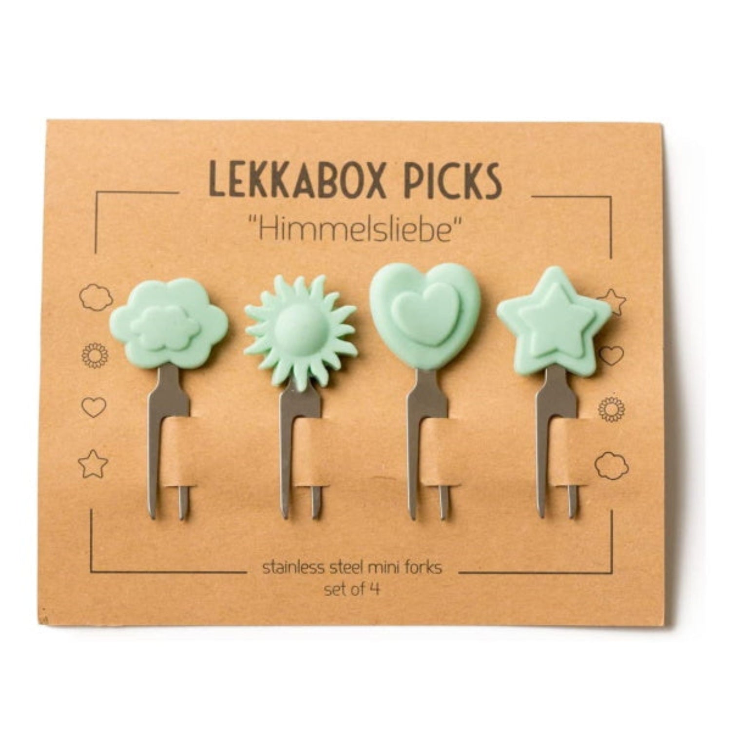 Lekkabox Picks – zestaw widelczyków ze stali nierdzewnej, silikonowe ozdobne końcówki, bezpieczne, wielorazowe, łatwe w czyszczeniu