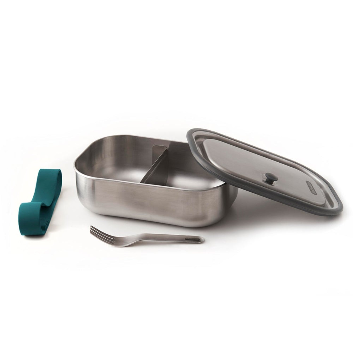 Lunchbox Black+Blum Steel L morski – szczelny pojemnik z separatorem, widelcem i silikonową opaską. Elegancki, praktyczny i trwały