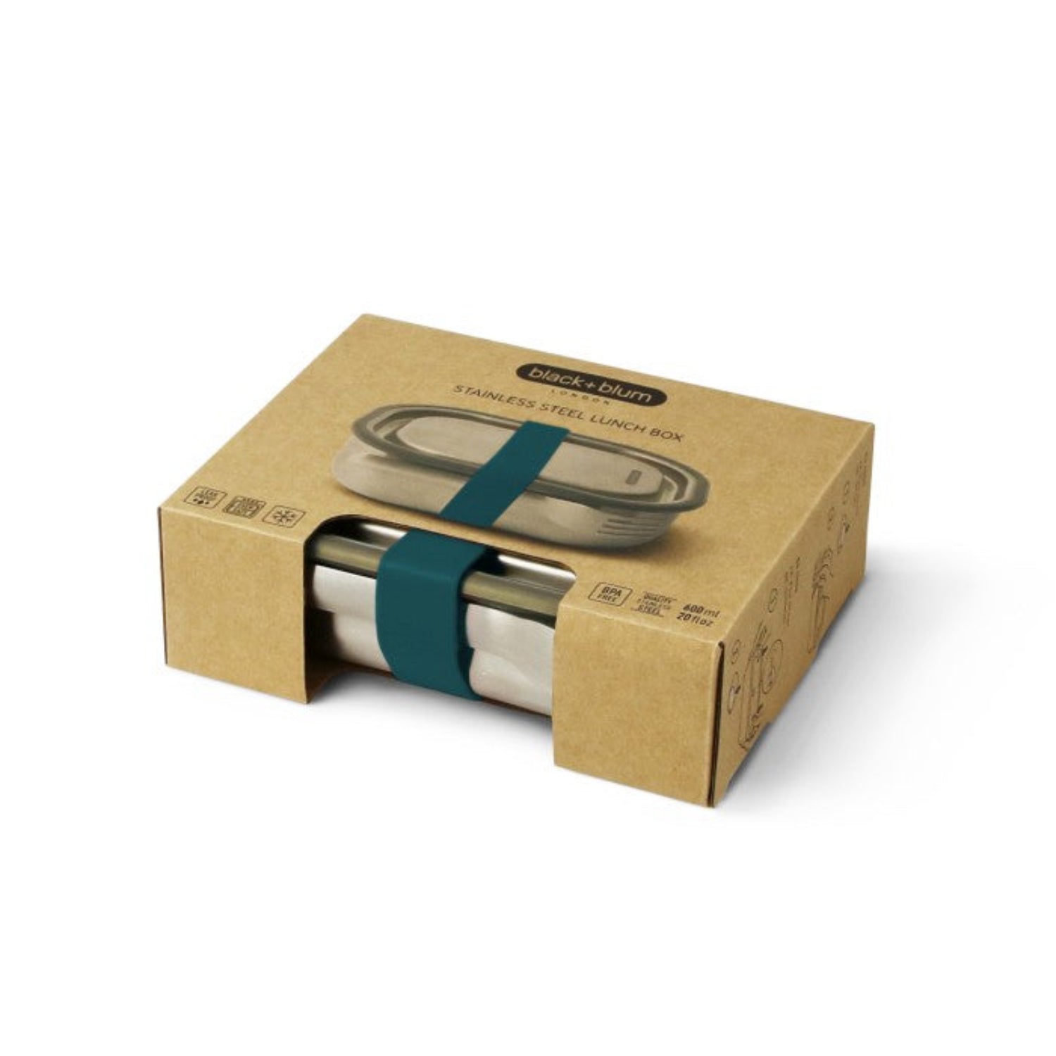 Lunchbox Black+Blum Steel L morski – szczelny pojemnik z separatorem, widelcem i silikonową opaską. Elegancki, praktyczny i trwały