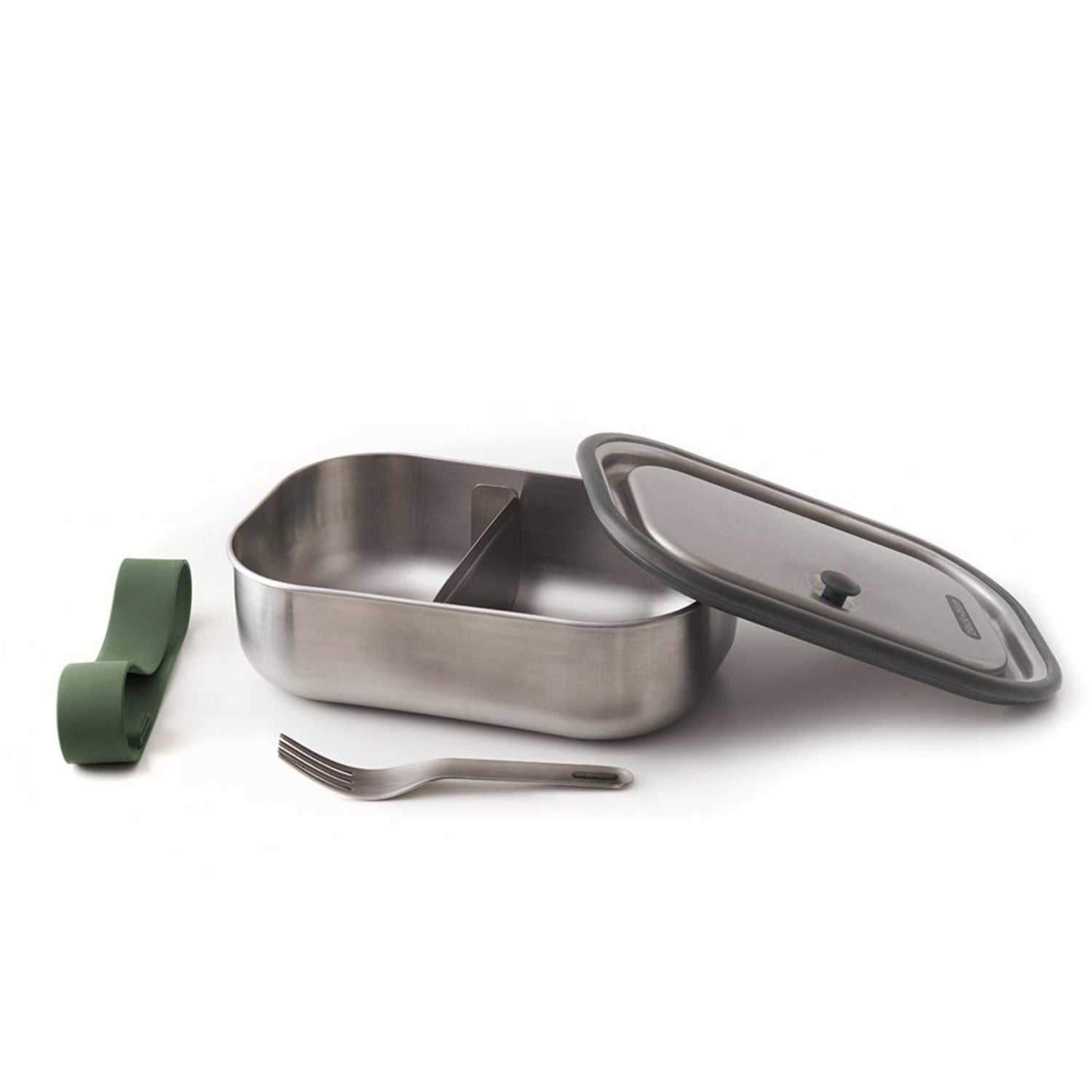 Lunchbox Black+Blum Steel L oliwkowy – szczelny pojemnik z separatorem, widelcem i silikonową opaską. Elegancki, praktyczny i trwały