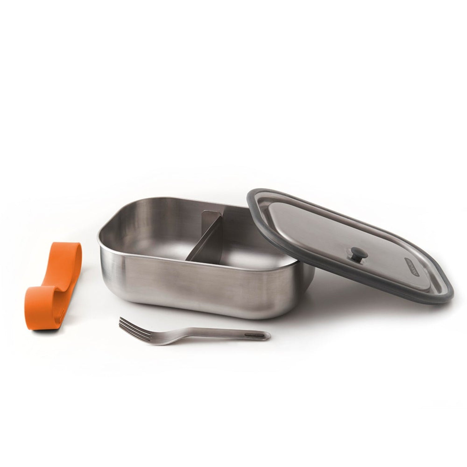 Lunchbox Black+Blum Steel L pomarańczowy – szczelny pojemnik z separatorem, widelcem i silikonową opaską. Elegancki, praktyczny i trwały