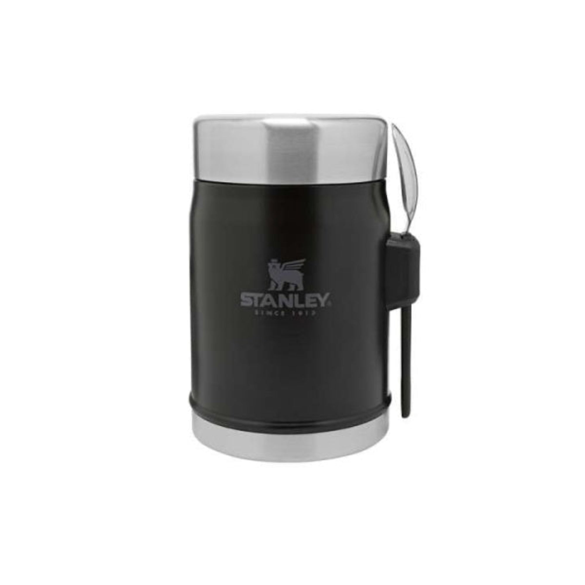 Czarny termos obiadowy Stanley Classic 400 ml – kompaktowy, z izolacją i łyżką.
