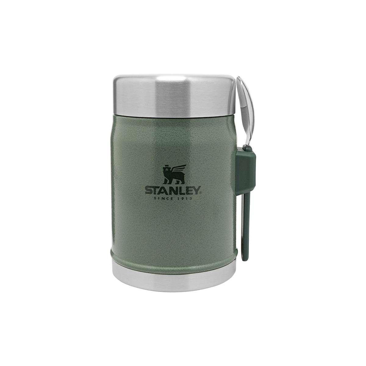 Zielony termos obiadowy Stanley Classic 400 ml – kompaktowy, z izolacją i łyżką.
