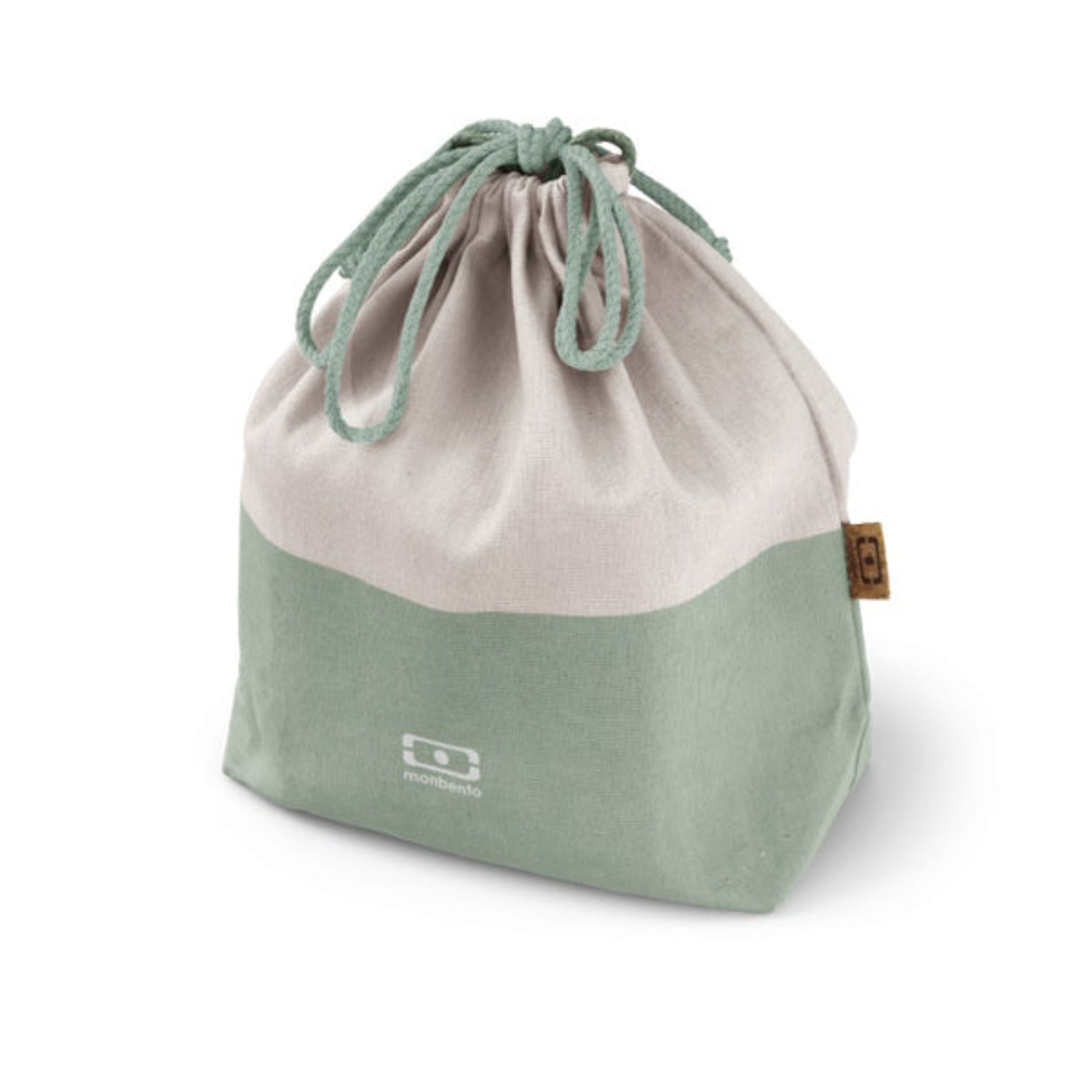 Monbento Pochette L Natural Green – lekka torba na lunchbox, imitacja lnu, zawiązywana, stylowa i ekologiczna. Idealna do pracy i szkoły, kolor: zielony